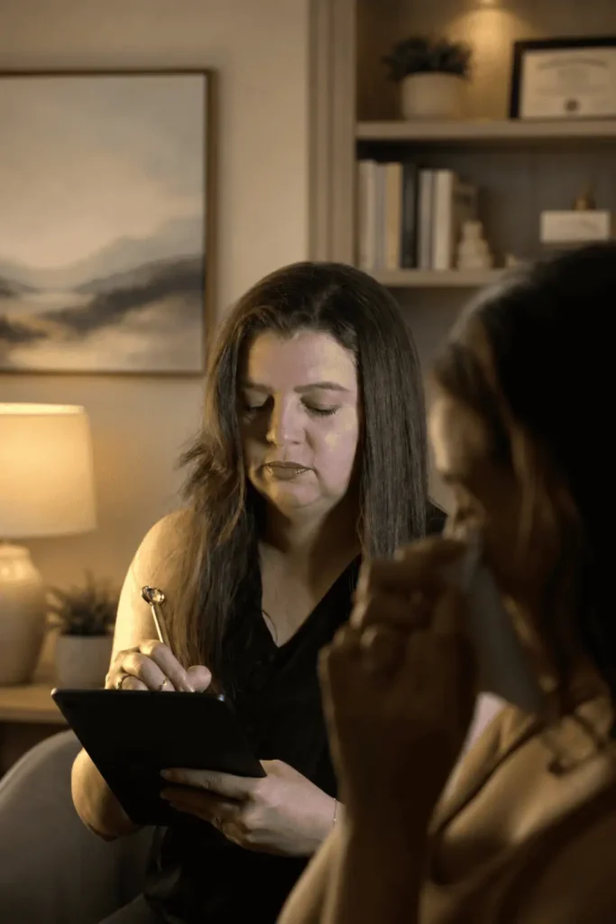 Psicanalista realizando atendimento individual e fazendo anotações em tablet durante uma sessão de psicoterapia.
