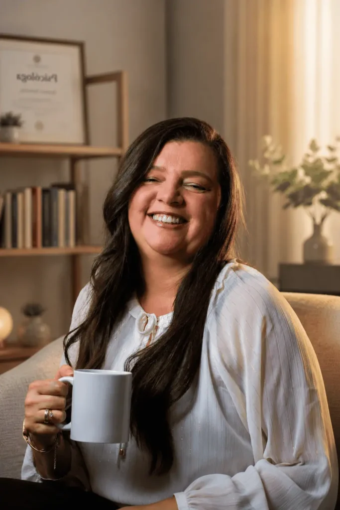 Fernanda Oliveira, psicanalista clínica, em ambiente acolhedor de atendimento psicológico.
